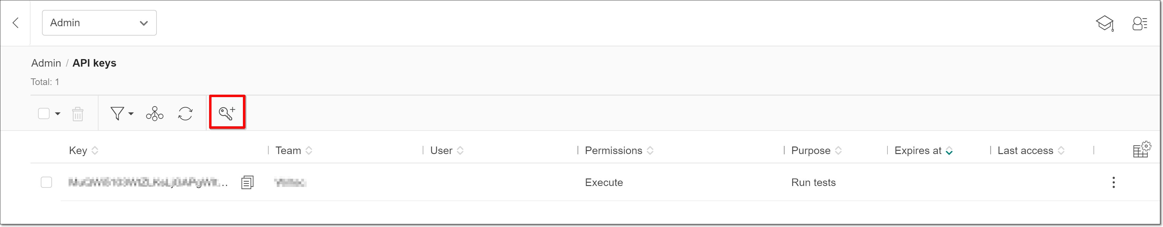 Applitools Eyes で Add a new API key ボタンをクリックする画面