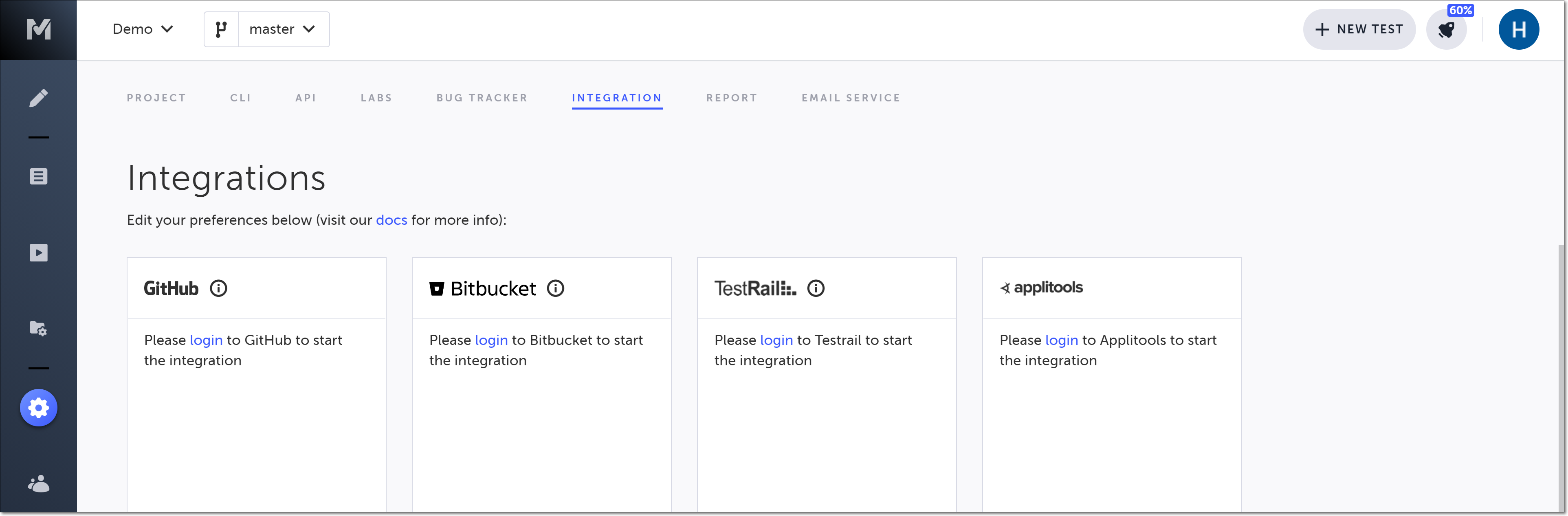 Testim の Integrations 一覧で Applitools 統合セクションが表示されている画面