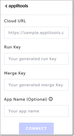 Applitools 統合設定ダイアログで Cloud URL や Run Key などを入力する画面