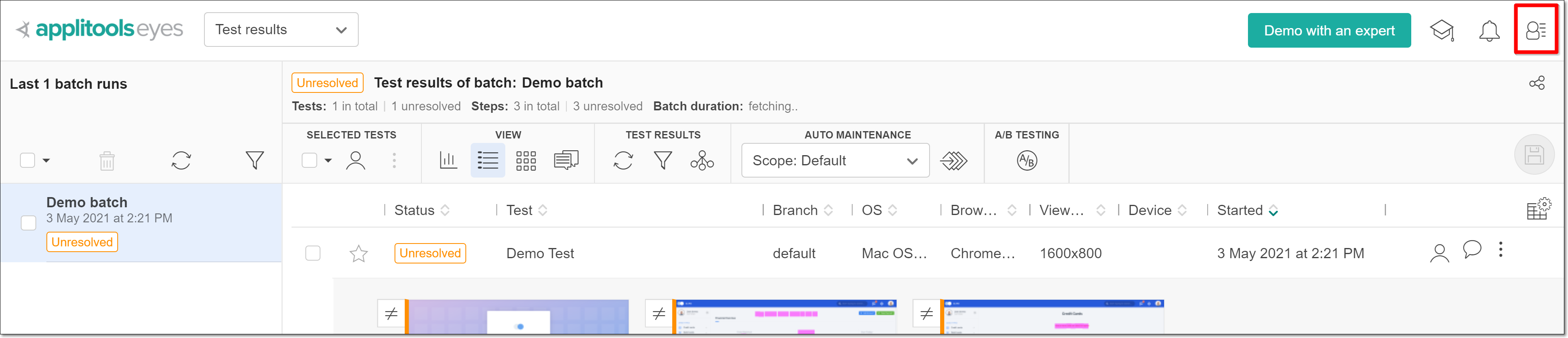 Applitools Eyes のメインメニューを開く画面