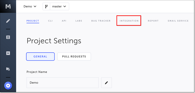 Testim の Settings 画面で Integration タブを開く画面