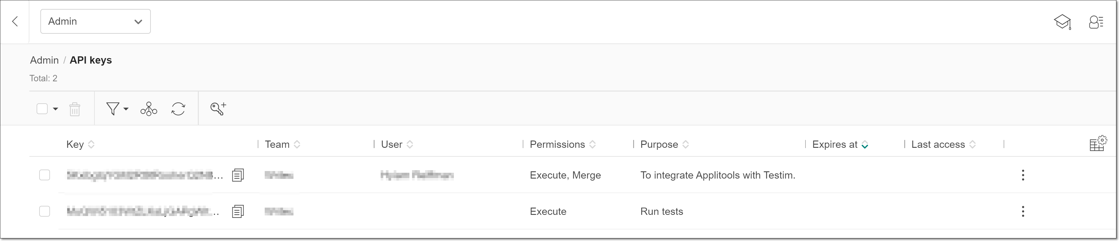 作成された API キーが API keys 一覧に表示された画面