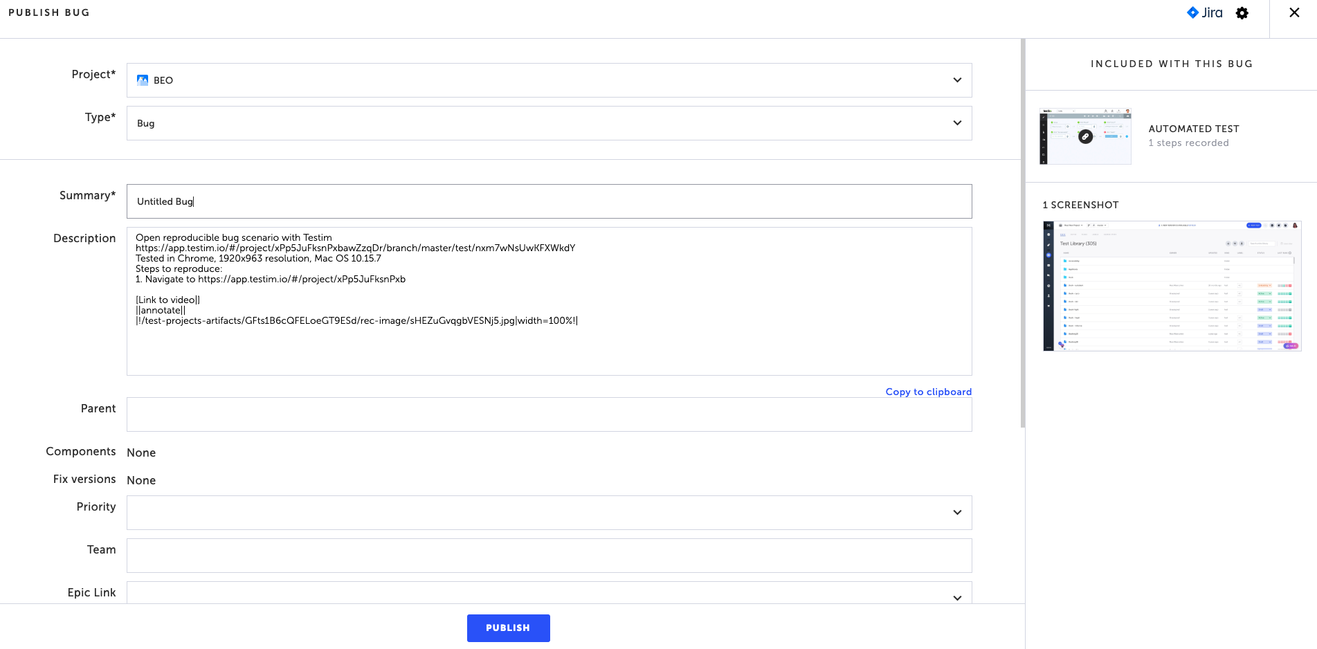 Jira に作成された Bug Ticket の例