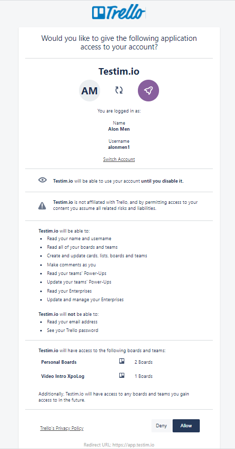 Trello へのアクセス許可 notice