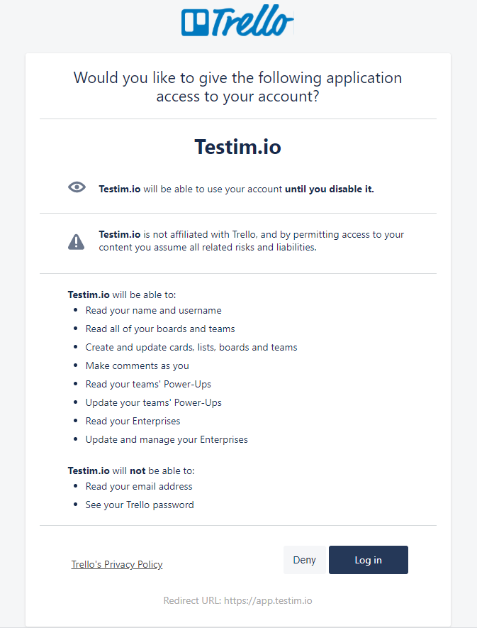 Trello の認可 notice