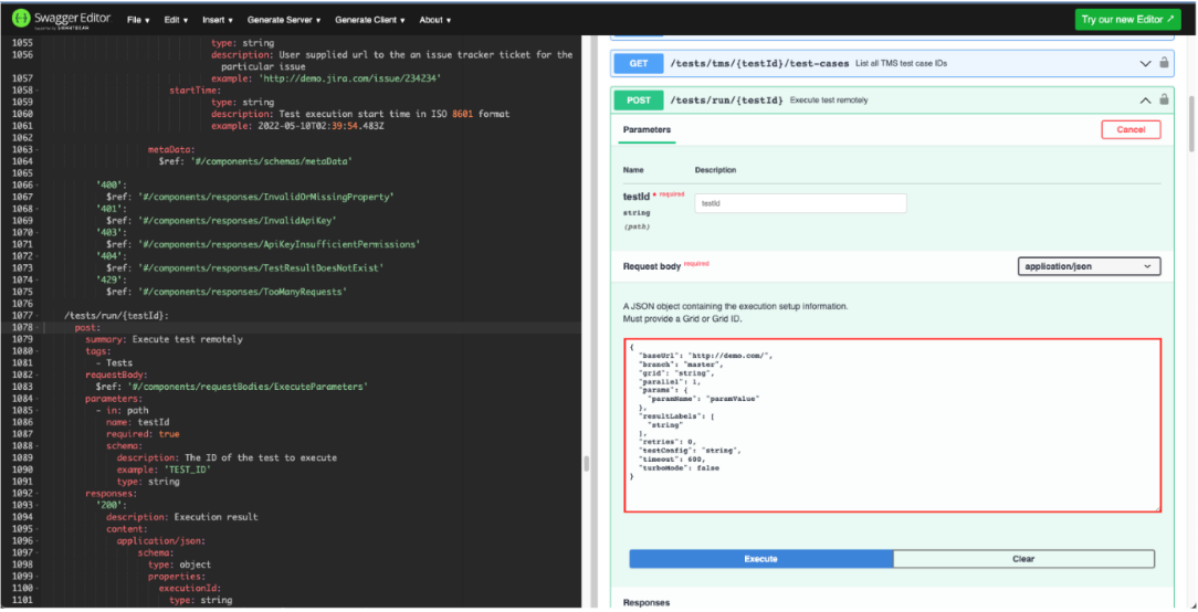 Swagger 上で Testim Public API ペイロードを確認する画面