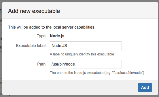 Bamboo で Node.js 実行ファイルを選択する設定画面