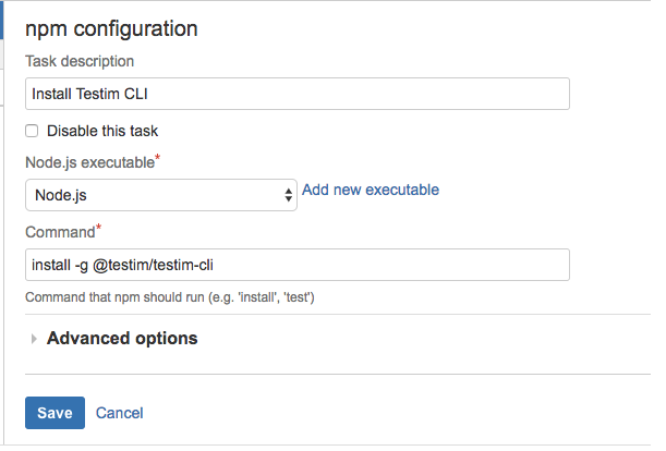 Bamboo で Testim CLI インストールタスクを保存する画面
