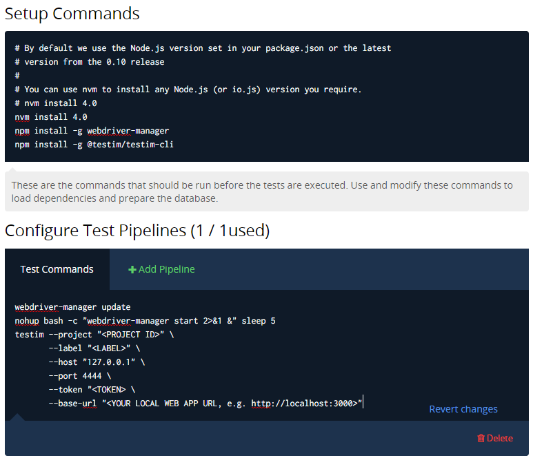 Codeship のテストコマンド設定画面