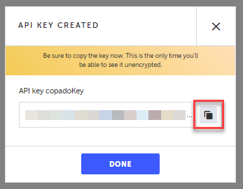 生成された API キーをコピーする画面