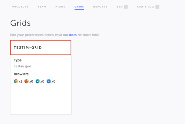 Testim/TTA for Salesforce の Grids セクションのスクリーンショット