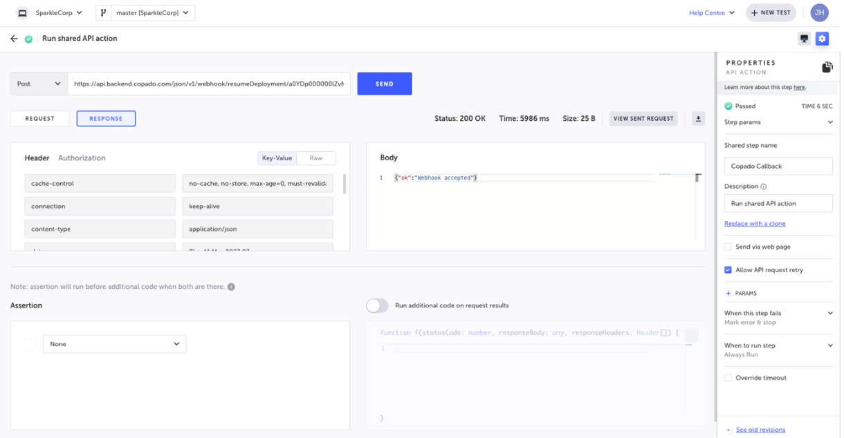 Add API action ステップに Resume URL を設定する画面