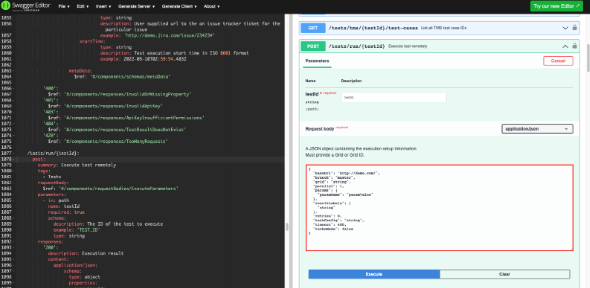 Swagger 上で Testim REST API エンドポイントを確認する画面