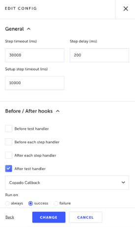 Runs 設定で After test handler に共有ステップを設定する画面