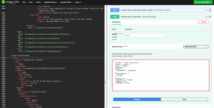 Swagger 上で Testim REST API ペイロードを確認する画面
