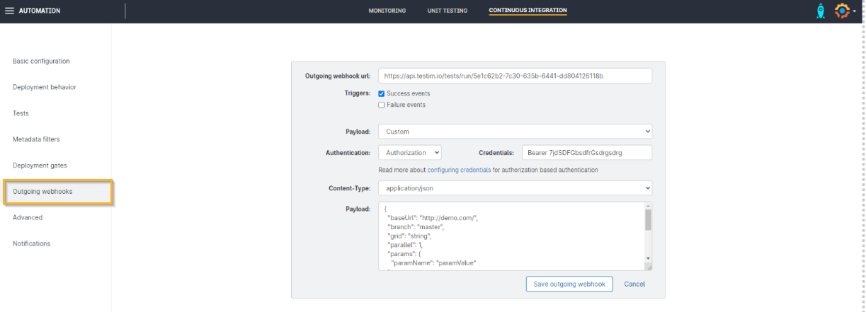 Gearset の Webhook 設定で JSON ペイロードを貼り付ける画面
