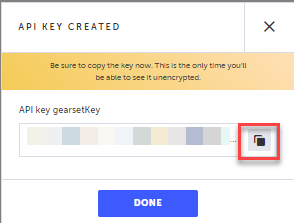 生成された API キーをコピーする画面