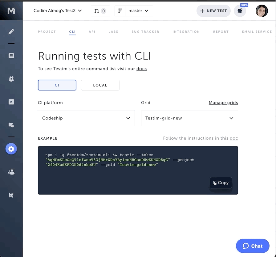 CLI 設定画面で CI プラットフォームを選択しコマンドを生成する様子