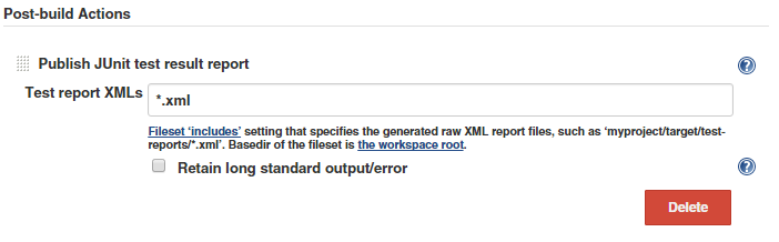 JUnit テスト結果レポートの XML ファイルパスを設定する画面