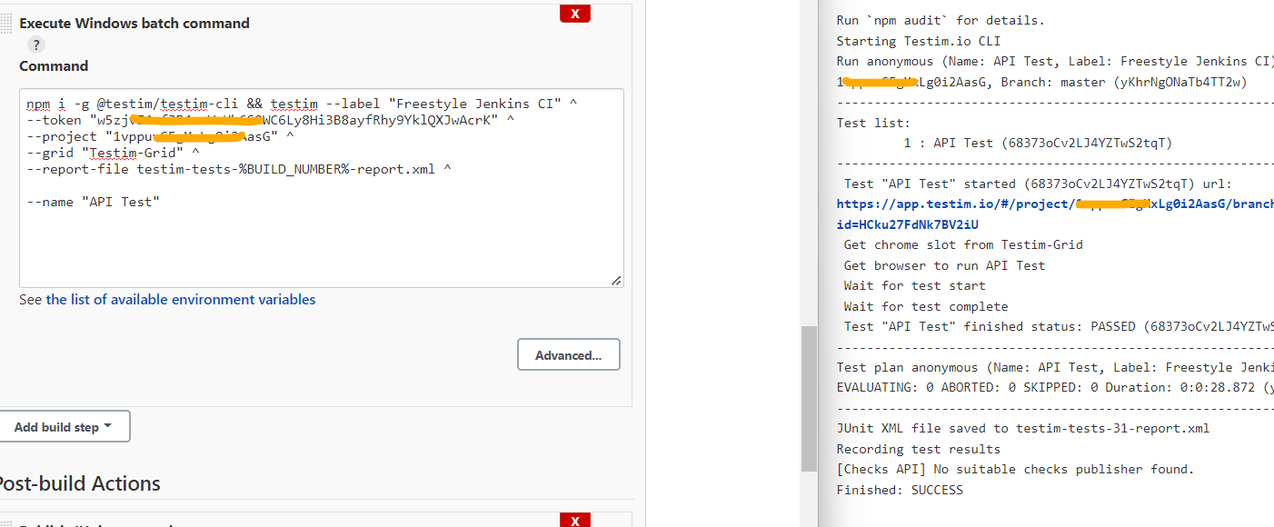 Jenkins の Execute Windows batch command 設定画面