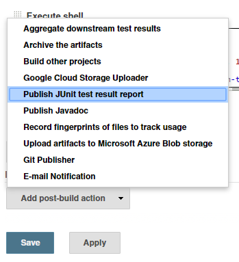 Publish JUnit test result report ポストビルドアクションを追加する画面