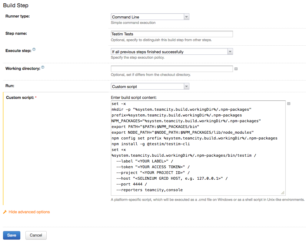 TeamCity で Custom Script ビルドステップを設定する画面