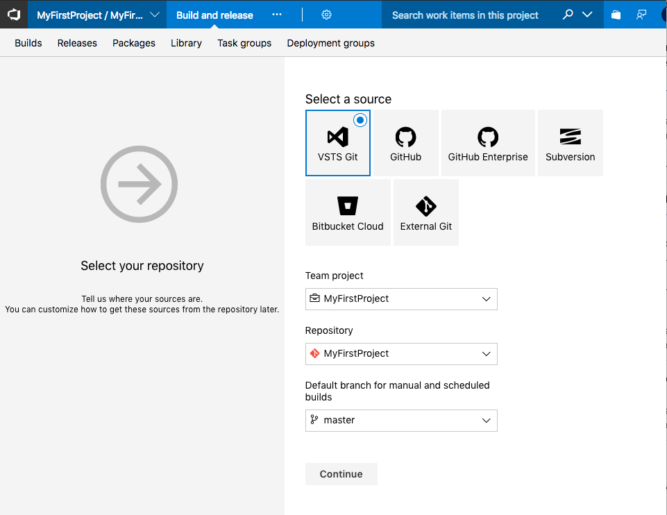 リポジトリを選択する VSTS の画面