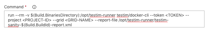 VSTS で Docker コマンドに Testim 用のパラメーターを設定する画面