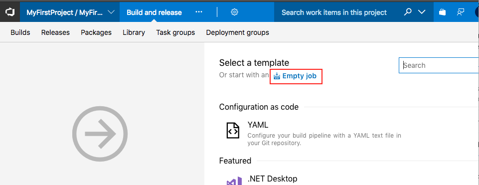 空のジョブを選択する VSTS の画面