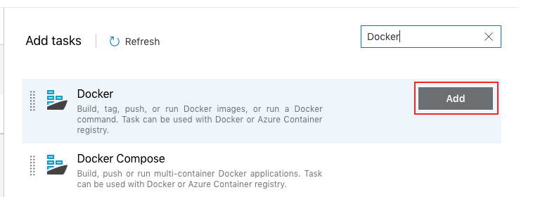 VSTS で Docker タスクを追加する画面