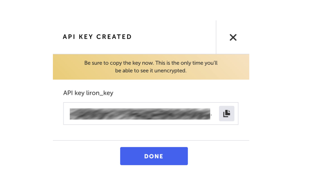API キーをコピーして Done をクリックする画面