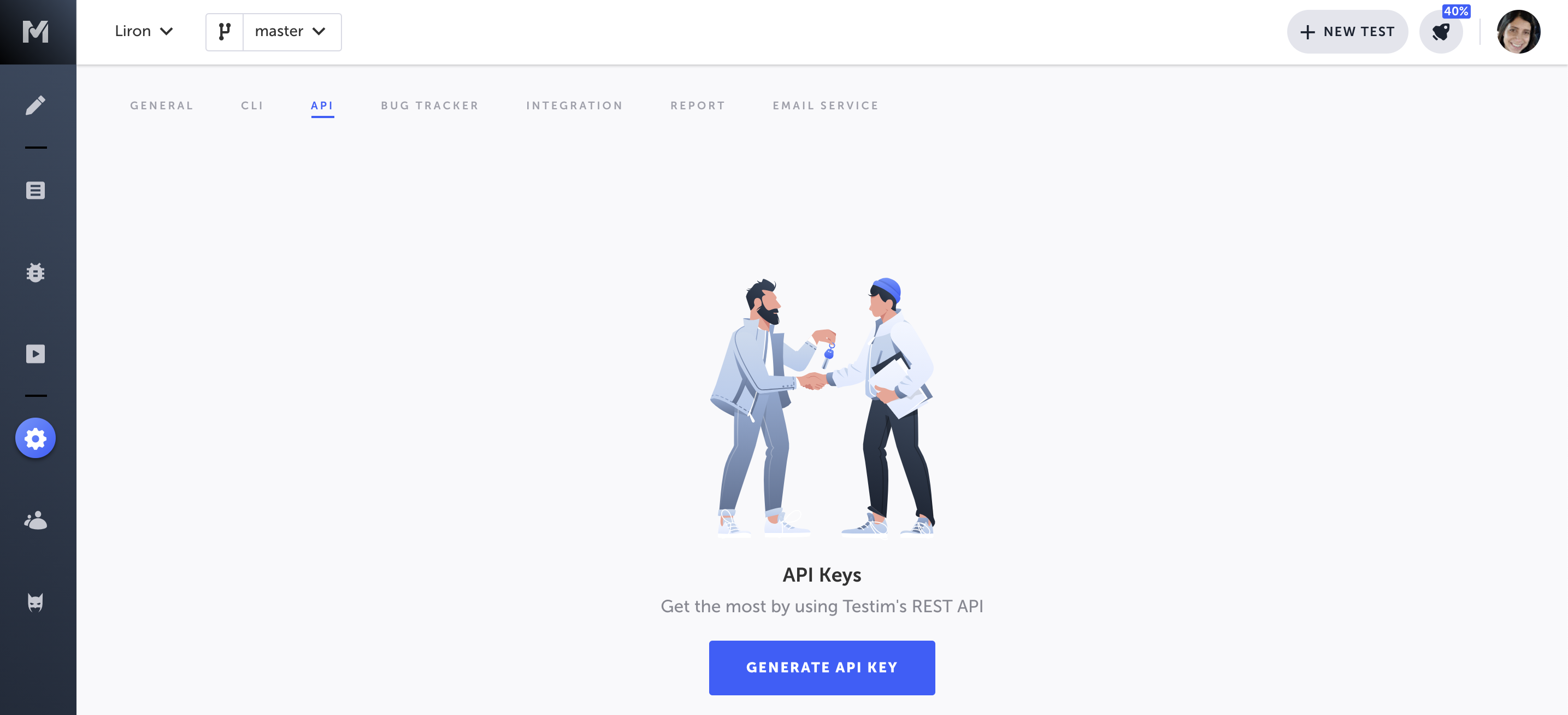 API 設定ページと Generate API Key ボタン
