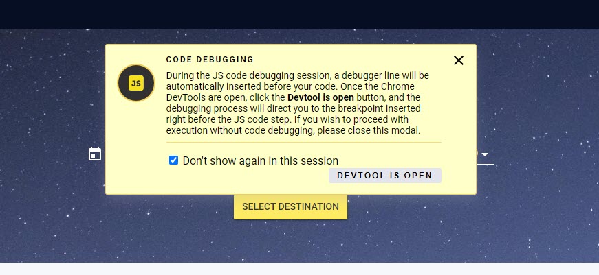 AUT ウィンドウに表示される Code Debugging メッセージ