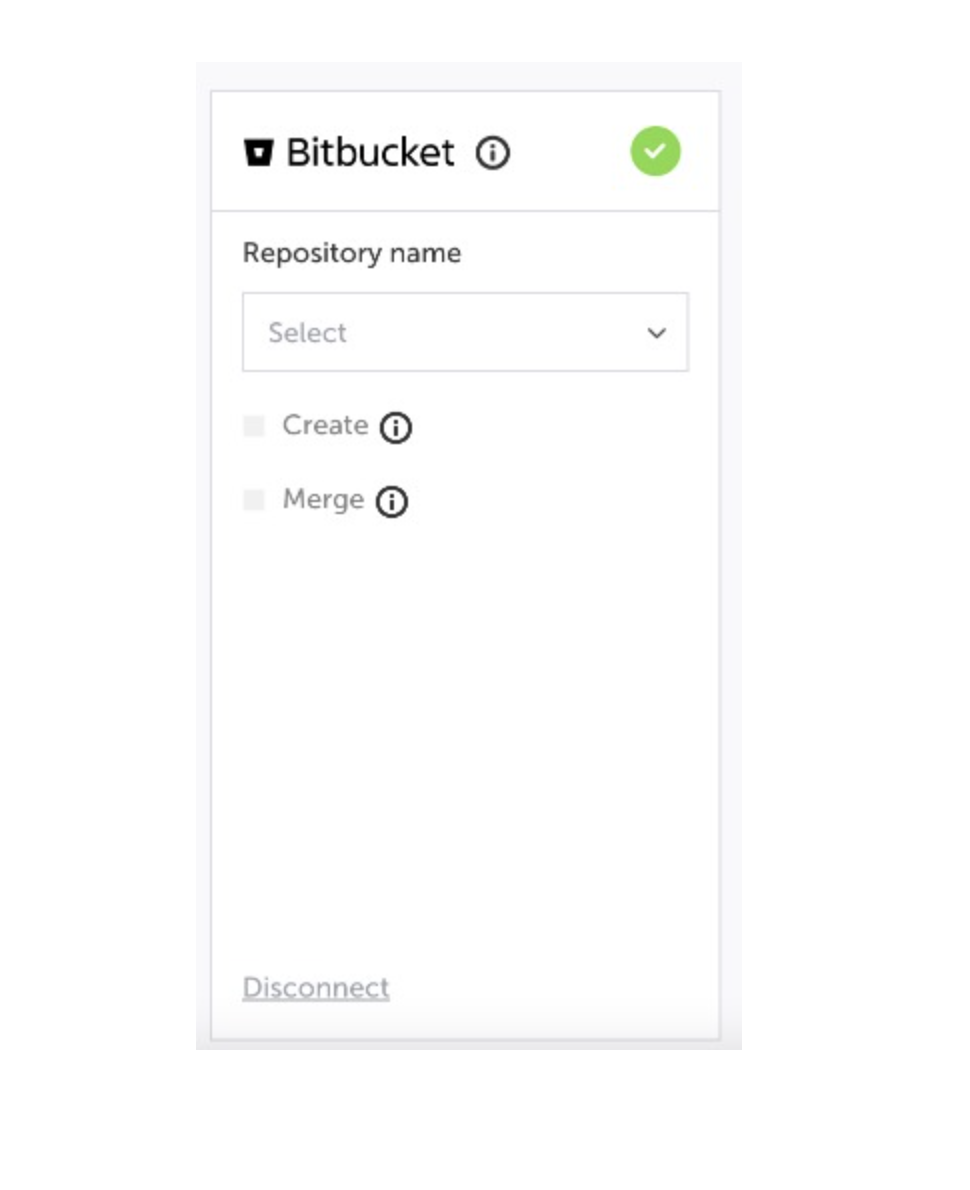 Bitbucket integration で Create と Merge の checkbox を選択する画面