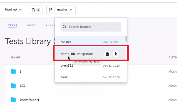 Testim に同じ branch が自動作成された画面