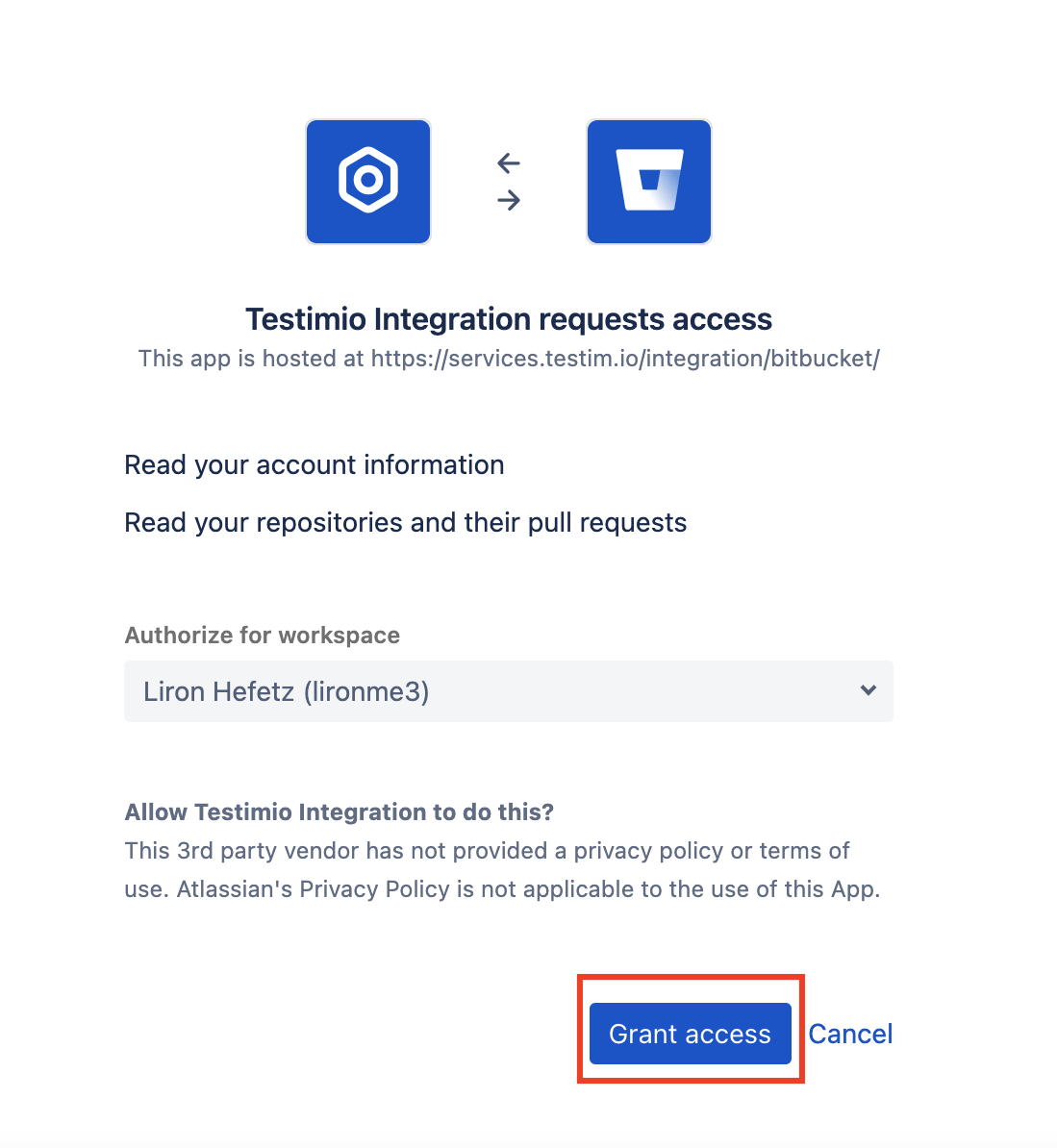 Bitbucket 側で Grant Access button をクリックする画面