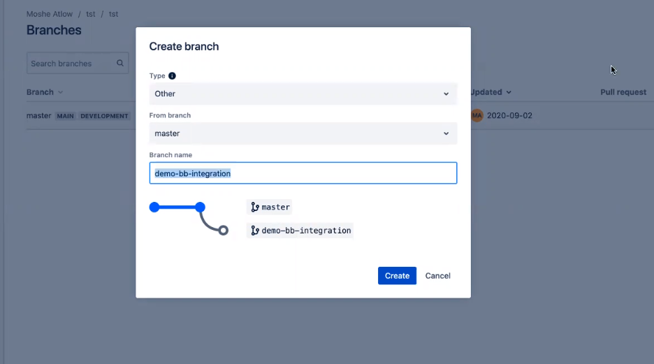 Bitbucket で demo-bb-integration branch を作成した画面