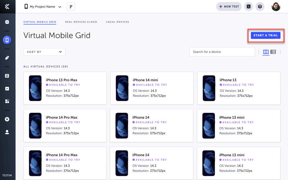 Device Management で Virtual Mobile Grid trial を開始する画面