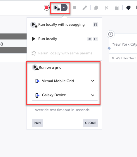 Remote Run through the Editor で Virtual Mobile Grid を選択している画面
