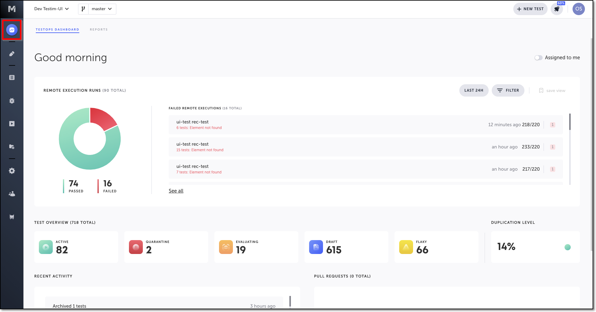 テスト実行結果、チームアクティビティ、改善領域を表示する Insights 画面