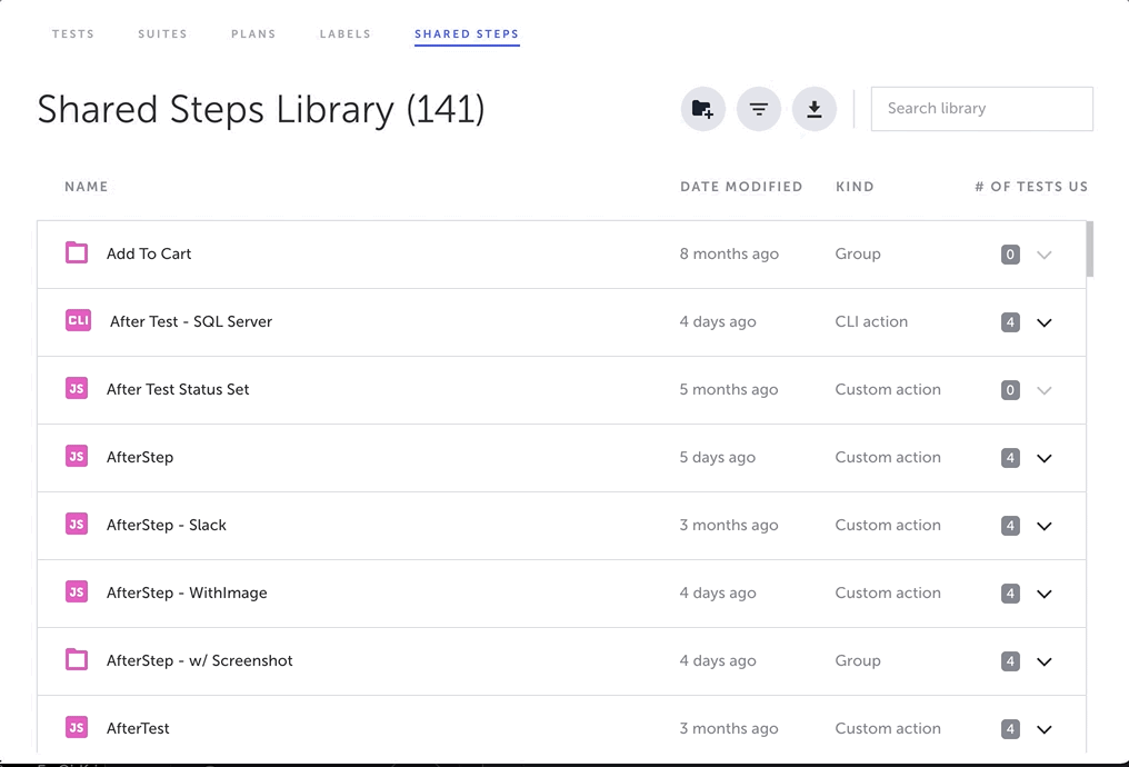 Shared Steps ライブラリから直接 Shared Step にアクセスする一連の手順を示す GIF アニメーション