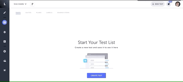モバイル Web テストの作成手順を示す GIF アニメーション。iPhone 6 設定を選択してデバイスエミュレーターモードでテストを開始する様子