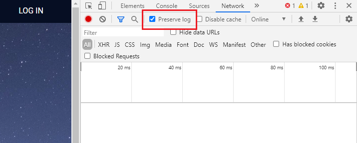 Chrome デベロッパーツールでログを保持オプションを有効にする画面