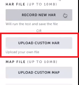 テストプロパティペインでカスタム HAR ファイルをアップロードする設定
