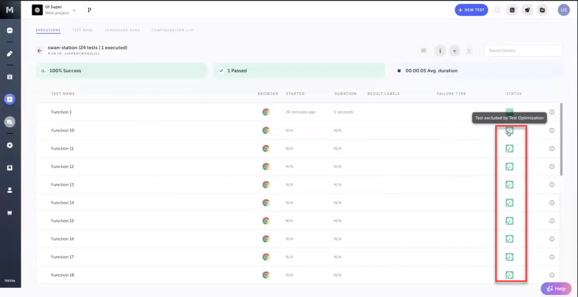 Sealights Test Optimization の対象外となったテストが UI 上で示されている画面