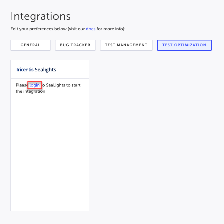 Sealights の Integration 設定で Testim 統合にログインする画面