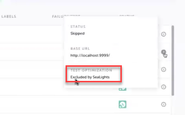 Test Optimization により Excluded by Sealights と表示されているテストの詳細画面