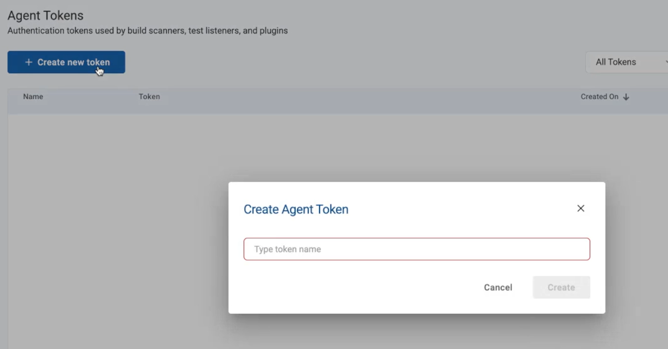 Sealights の Agent Tokens 画面で新しいトークンを作成する画面