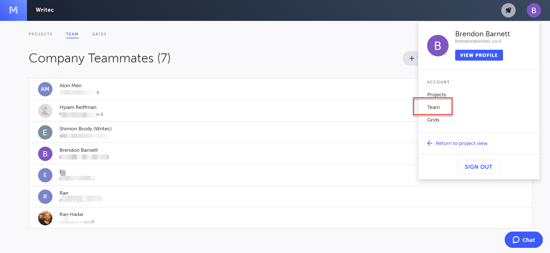 Team 画面に表示される企業チームメイト一覧