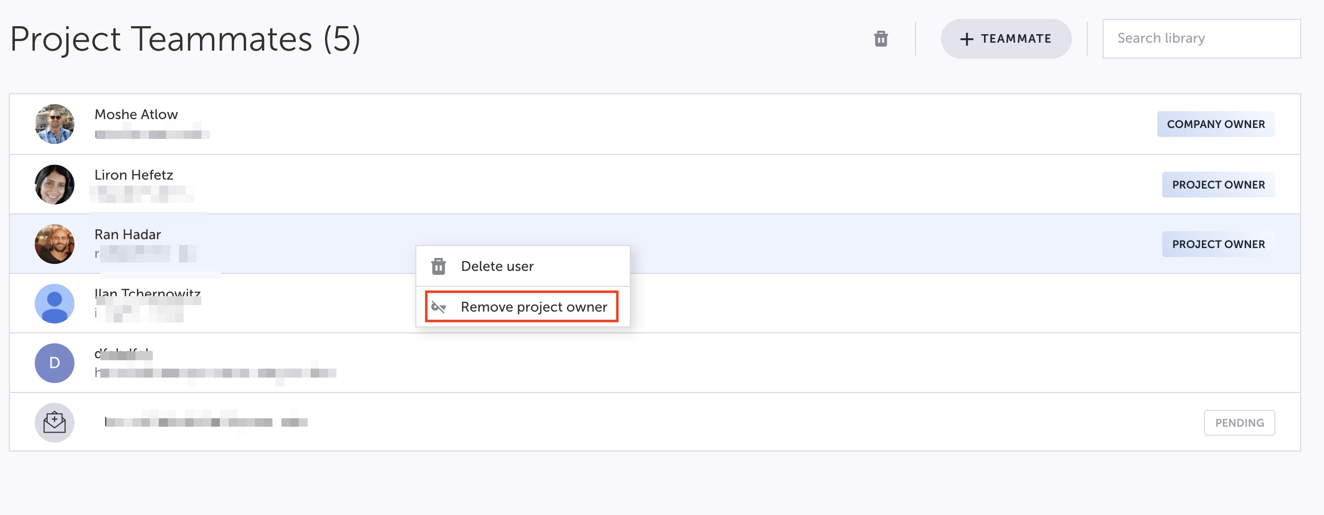 Remove Project Owner 操作を行うコンテキストメニュー